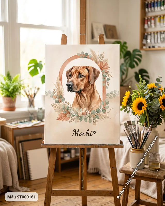 Chó Phú Quốc Boho, khung vòm hoa lá khô · ảnh thực tế
