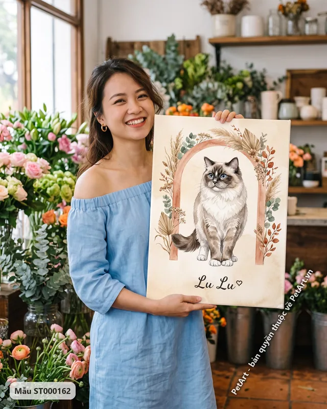 Tranh hoa lá Boho · mèo Ragdoll