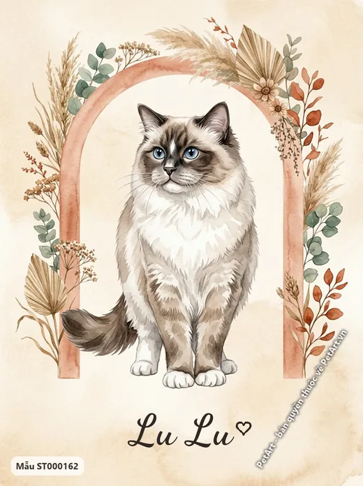 Mèo Ragdoll Boho, ngồi giữa khung vòm hoa · ảnh tranh