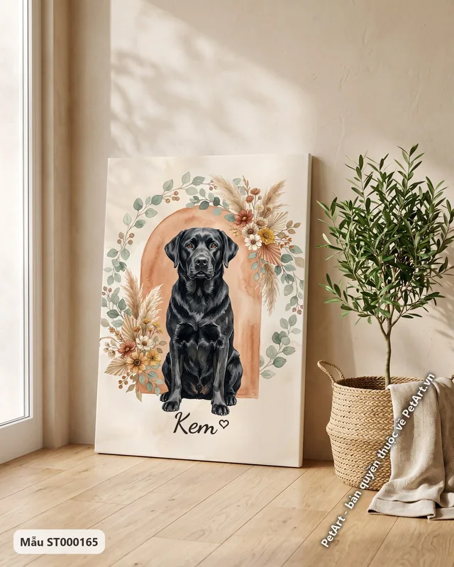 Tranh hoa lá Boho · Labrador đen