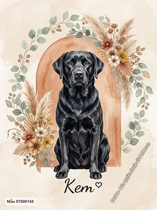 Chó Labrador đen Boho, ngồi thẳng, khung hoa · ảnh tranh