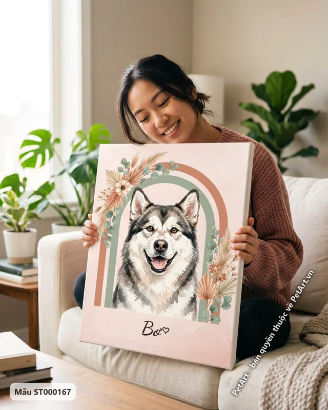 Chó Alaska Boho, mặt cười, khung vòm cầu vồng · góc khác