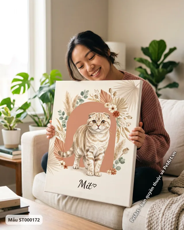 Tranh hoa lá Boho · mèo tai cụp