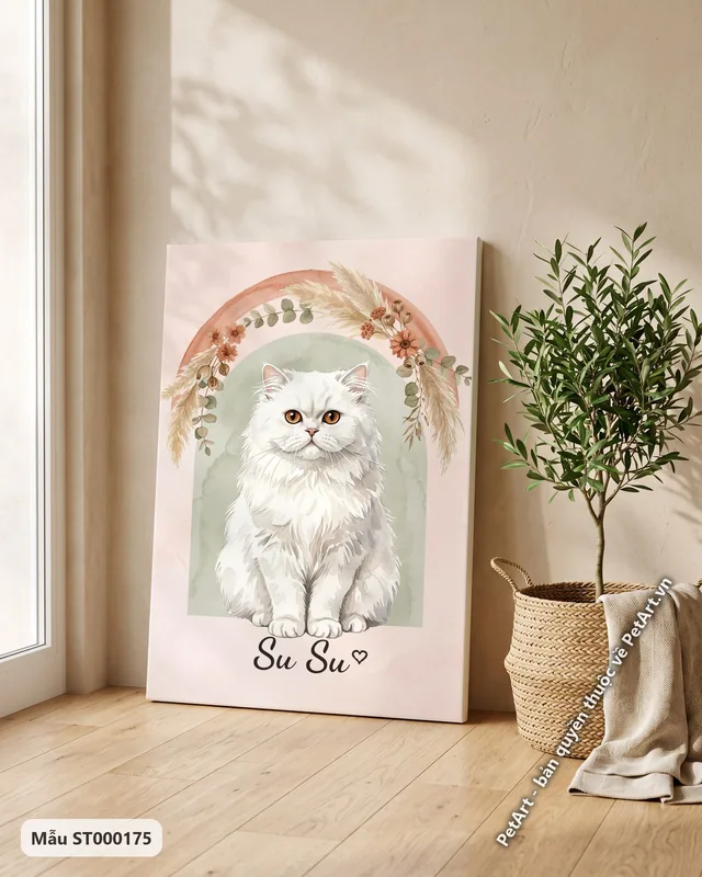 Tranh hoa lá Boho · mèo Ba Tư